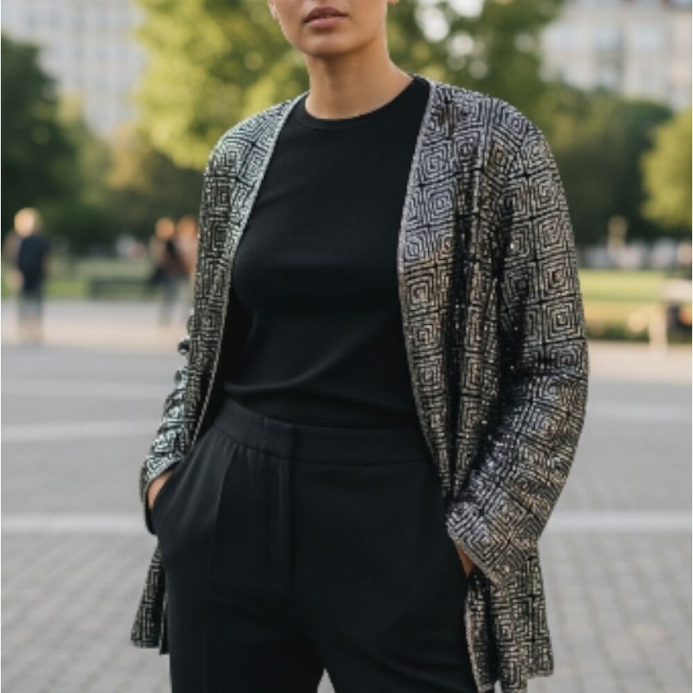 Vintage Theo Miles Heavy Silver & Black Beaded Jacket | Square Maze Pattern